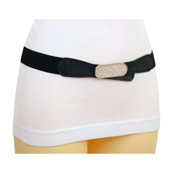 New Fun Women Black Stretch Waistband Fashion Belt Gold Oval Bling Buckle S M - Picture 13 of 17